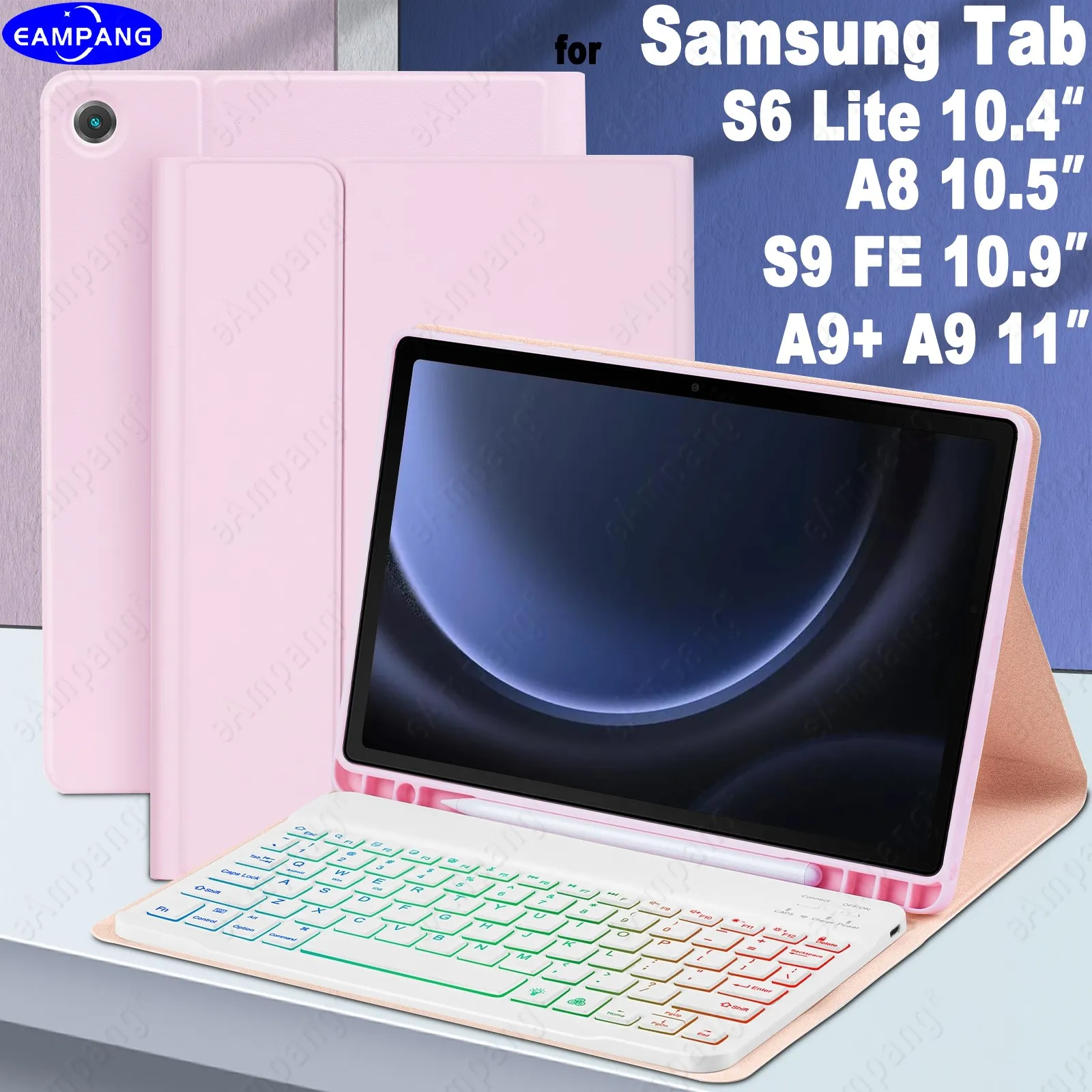 

Pink Keyboard Case For Samsung Galaxy Tab S6 Lite S9 FE Tab A9+ A8 A9 Rainbow Backlight Detachable Keypad Protective Cover