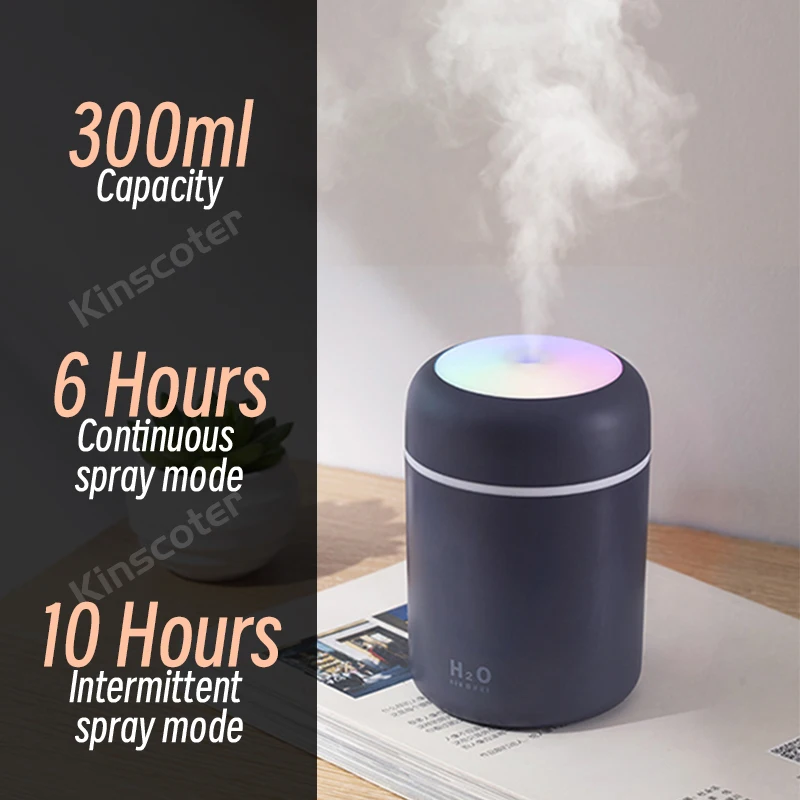 Kinscoter 휴대용 미니 USB 아로마 디퓨저 쿨 미스트 침실 가정용 차량 식물 정화기 공기 가습기 300ml H2O