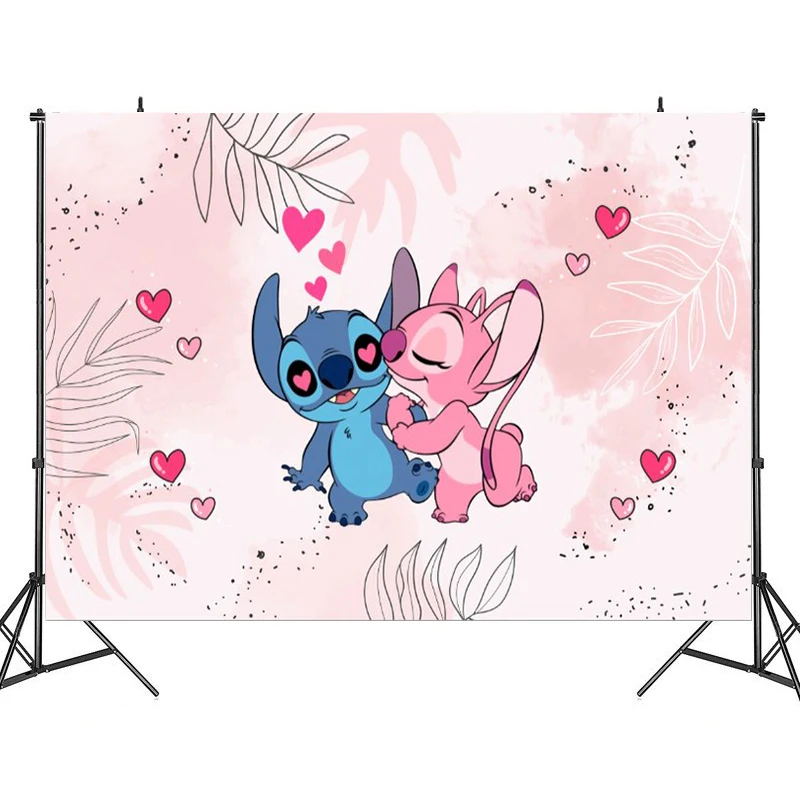 thumbnail image 1 of Fondo de ángel de Lilo y Stitch de Disney personalizable gratis, decoraciones para fiesta de feliz cumpleaños, suministros para fiesta de baby shower, 1 of 5