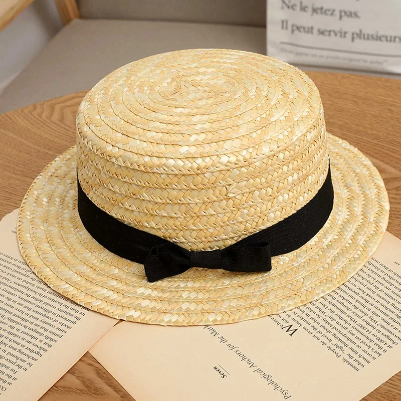 Cute Child Girls Straw Hat Bowknot Sun Hat Kids Large Brim Beach Summer Boater Beach Ribbon Round Flat Top Fedora
