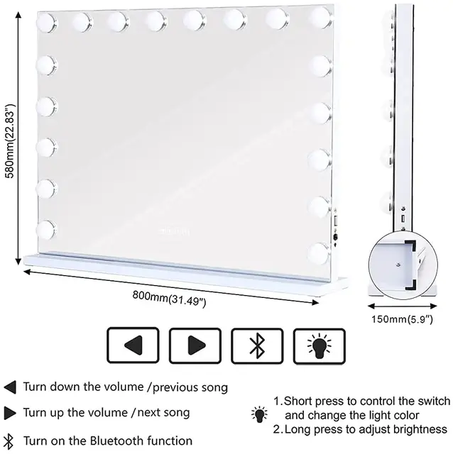 FENCHILIN Espejo Grande de Pared, de Maquillaje con Altavoz. Tocador con 18  Lámparas LED Regulables Puerto de Carga USB. Hollywood con Luz de Mesa  80x60cm : : Hogar y cocina