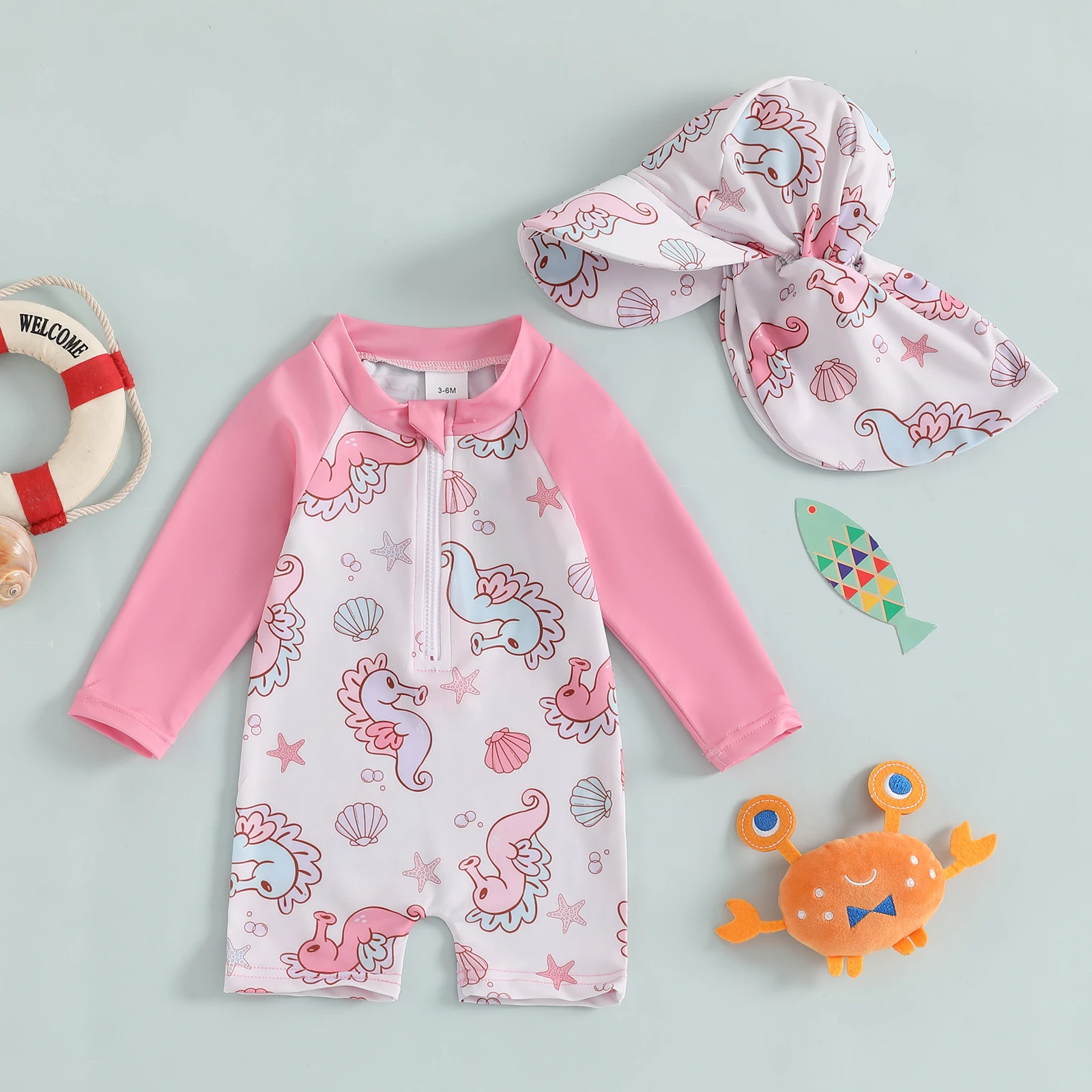 Infant Baby Boys Girls Rash Guard Children Cotton Seahorse Shell Pattern Zip Up Swimwear Toddler Long Sleeve Crew Neck Swimsuits
