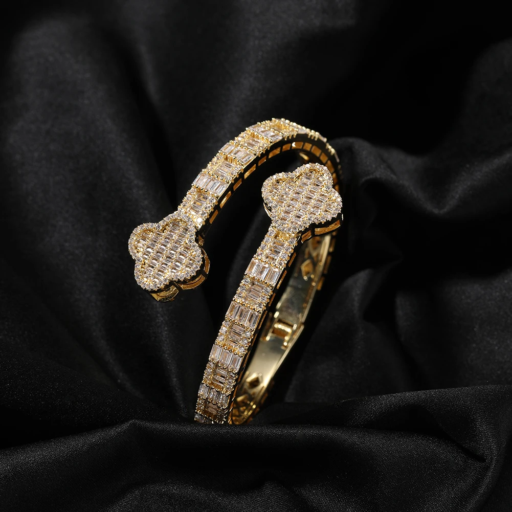 THE BLING KING Double Four Leaf Clover Cuff Bracelet For Women Prong Setting Baguette Cubic Zirconia Bangle Luxury Y2K Jewelry 5