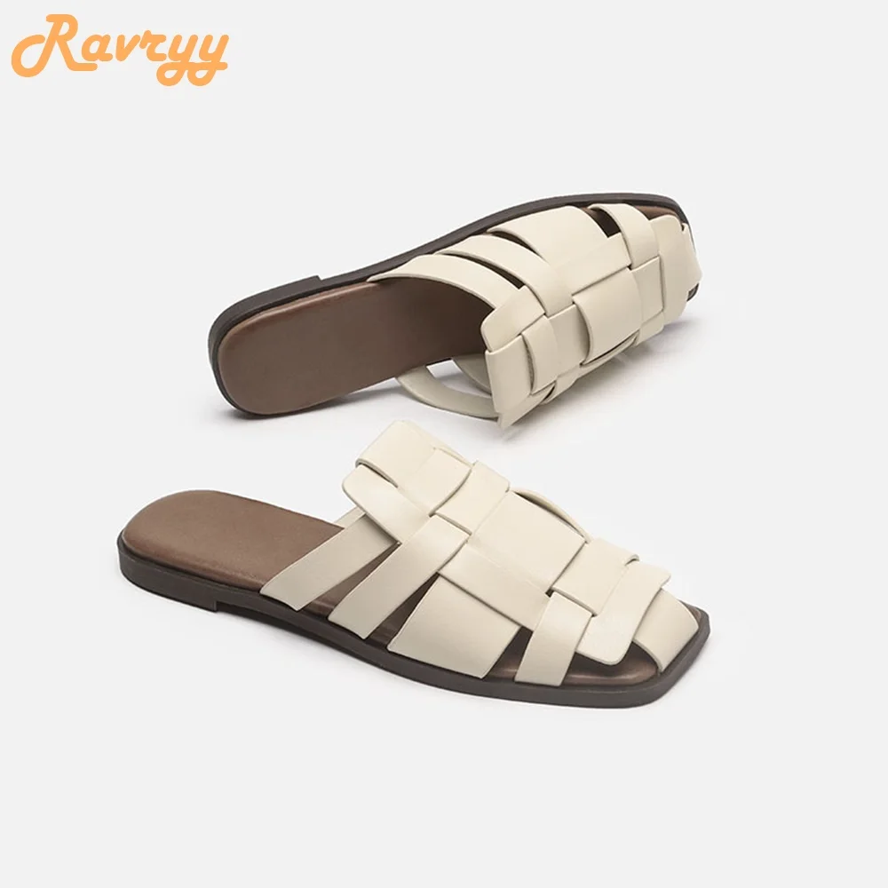 2024 Spring Summer New Cover Toe Slides Outer Wear Slippers Casual Weave Flat Bottom Non slip Sandals Women