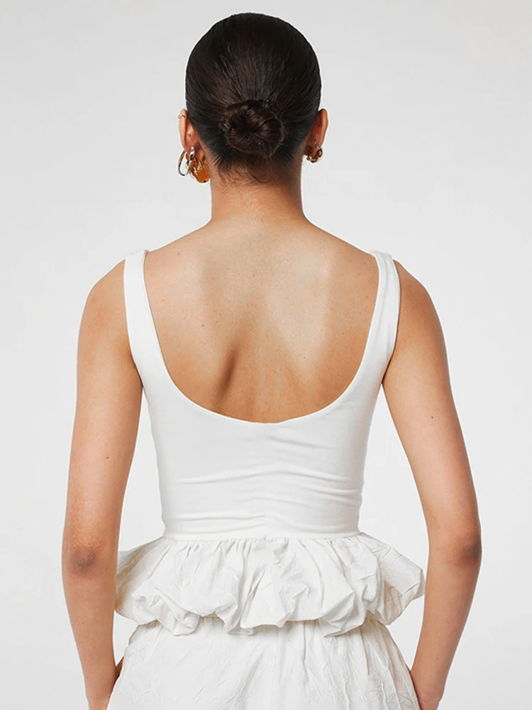 Ruffle Trim Women Tops Solid Concise All-matched Summer U-neck Backless Slim Crop Tanks Female Romantic Trend Streetwear