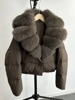 2024 New Winter Big Natural Fox Fur Fluffy Puffer Coat Women Button Warm 90White Duck Feather Down Short Jacket Waterproof Parka 1