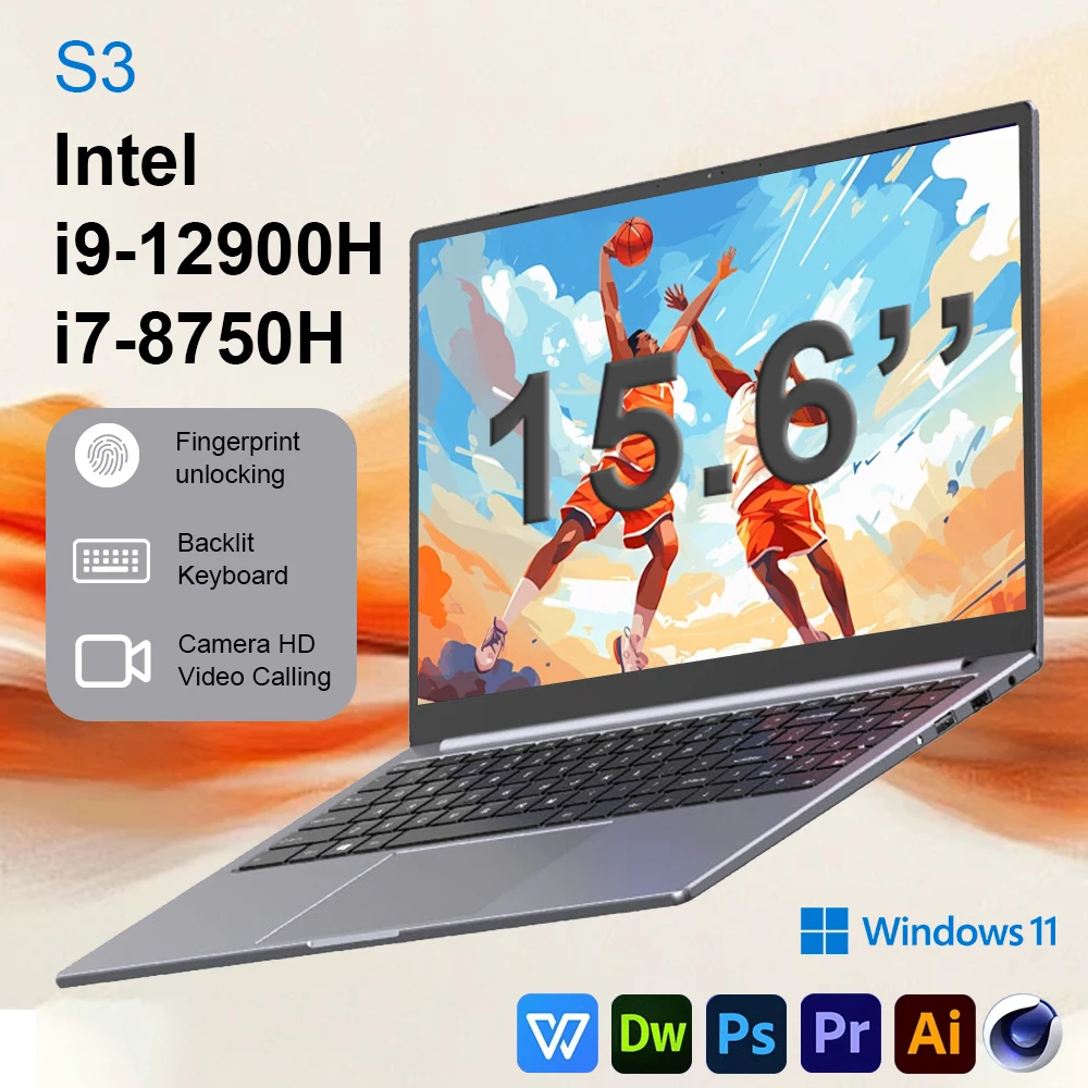 NEW S3 Computer 15.6 Inch Intel Core i9-12900H/i7-8750H Por Laptop 2*DDR4 2*M.2 64GB 2TB SSD Windows 11 Fingerprint Unlock 60Hz 1