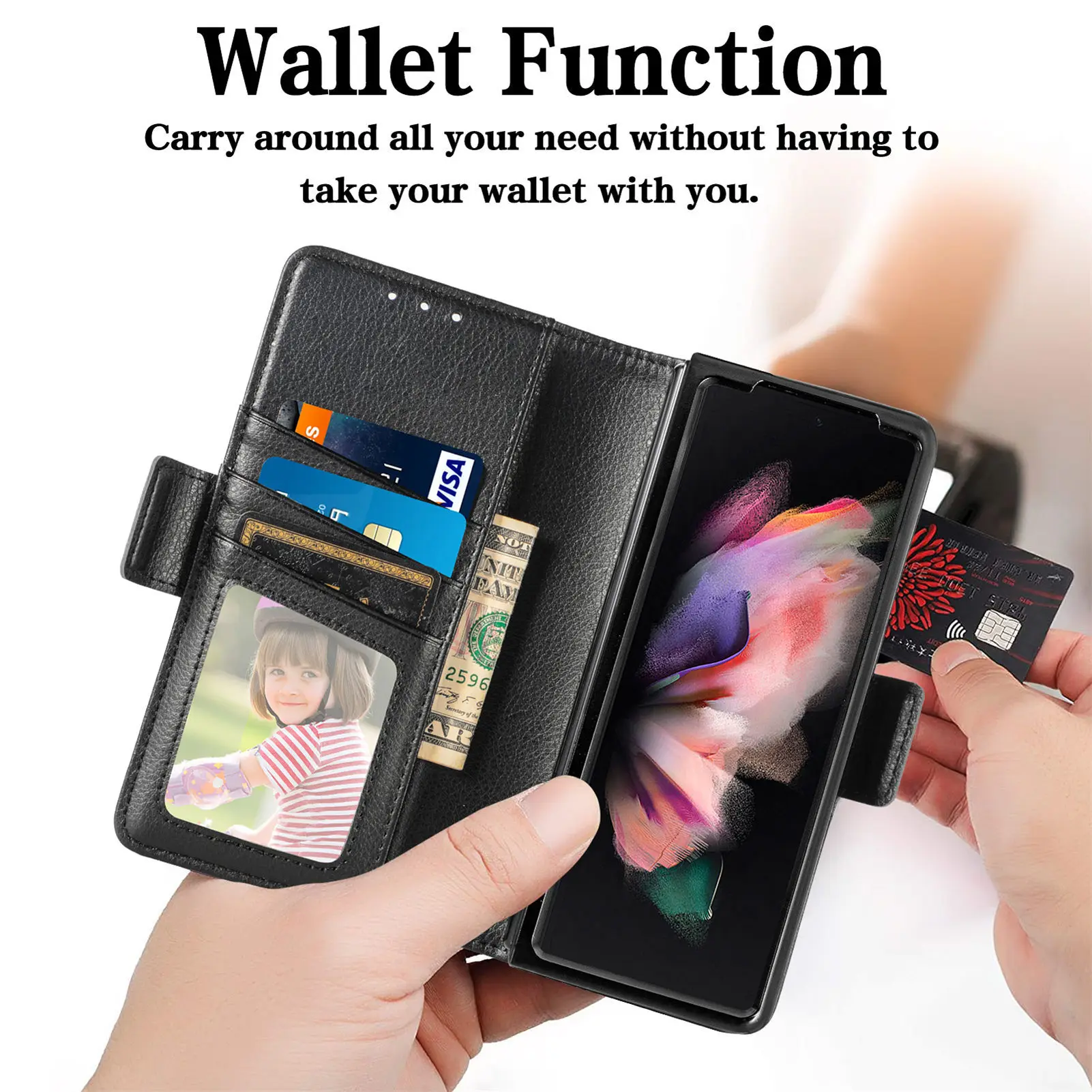 Premium Lychee Pattern Leather Case for Samsung Galaxy Z Fold 4 3 with Pen Holder Multifunctional Wallet Design Anti-Drop Cover