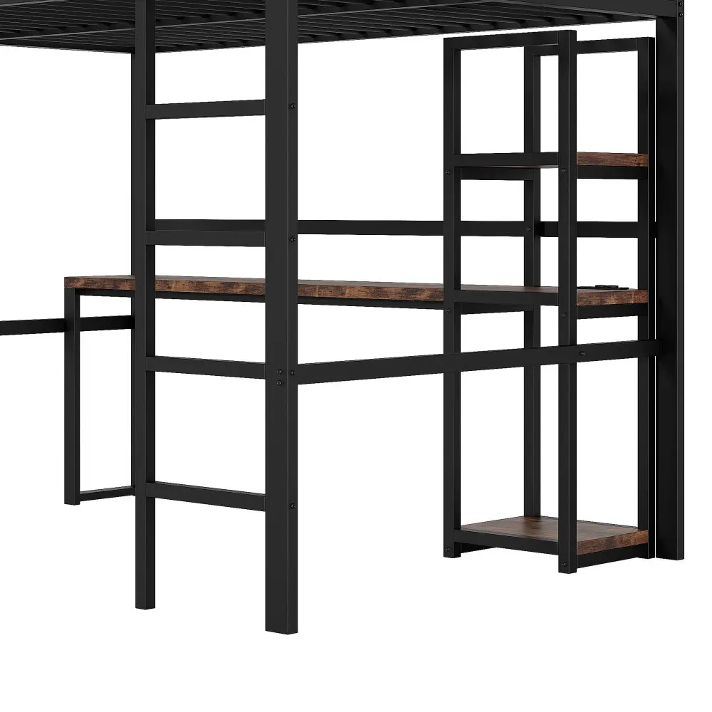 Multifunktionales Hochbett 140 x 200 cm – stabiler Eisenrahmen mit integriertem Schreibtisch (Steckdose + USB-C), vielseitige Einsätze, ohne Matratze – Detail 16