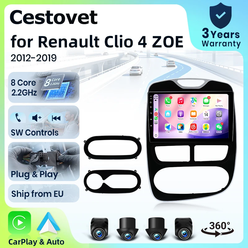Cestovet Android-Autoradio für Renault Clio 4 2016 2017 2018 2019, kabelloses CarPlay & Android Auto, GPS-Navigation, RDS, FM, WIFI, BT, 4G LTE, IPS-Bildschirm, Touchscreen, Autoradio-Multimedia-Headunit, Lenkradunterstützung