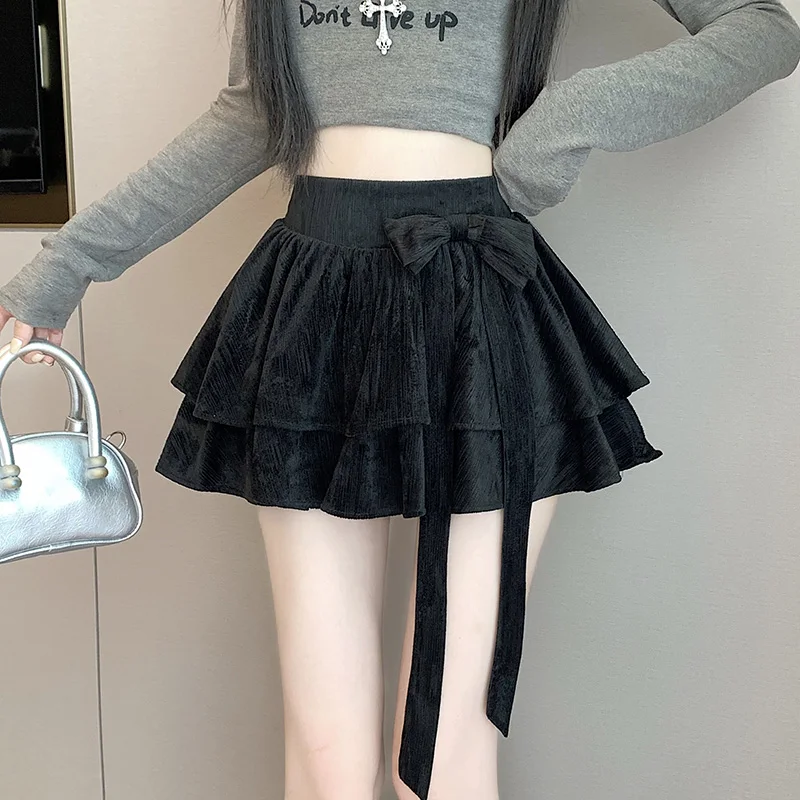 Autumn Winter Women's Dress Clothing New French Gentle Bow Layered Ruffle High Waist A-line Short Coffee Black Color Cake Skirt - Image 3