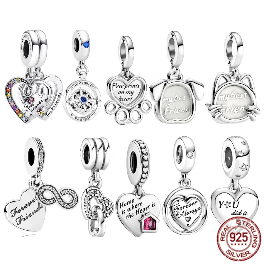 

Silver 925 Charm Jewelry Puzzle Piece Hearts Splittable Friendship Dangle Cat Dog Paw Print Beads Fit Original Pandora Bracelet