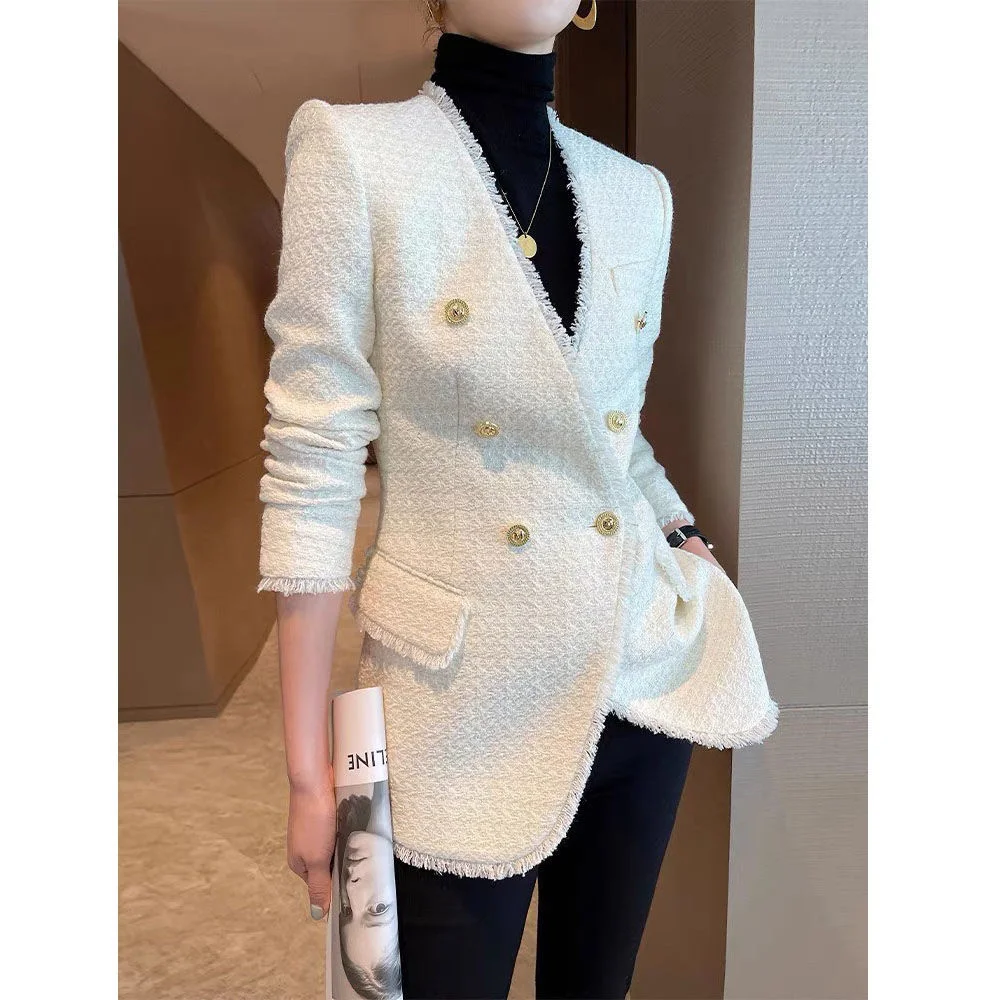 

2023 Spring Autumn Women Woolen Blazers Collar-less V-neck Jackets Suits