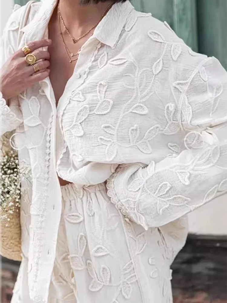 2024 Women Elegant Pants Piece Set Fashion Embroidery Lapel Long Sleeves Blouse New In Matching Sets Female Chic Street Outfit