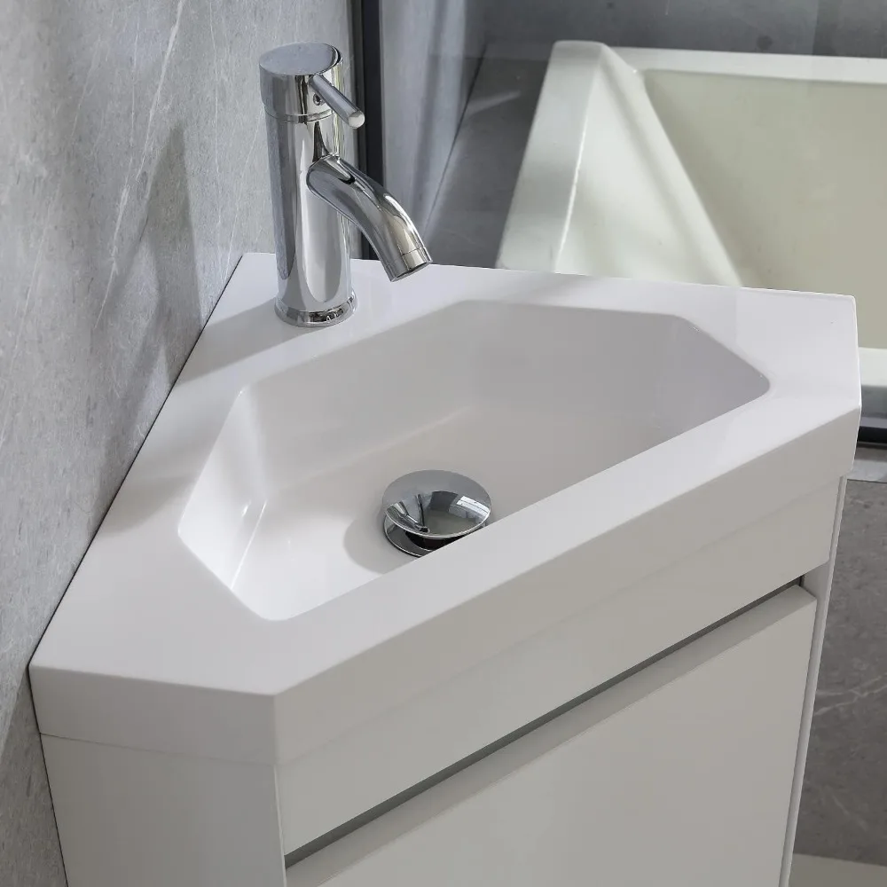 16" Corner Bathroom Vanity Sink Combo, Wall Mounted Cabinet Set, w/ Basin Sink Top Chrome Faucet and Drain, Bathroom Vanity