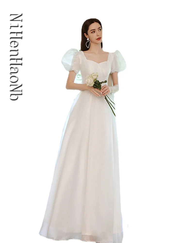 

White Chiffion Puff Sleeve Wedding Dresses Elegant Beach Bridal Dress Cocktail Party Gown Plus Size Robe De Soire