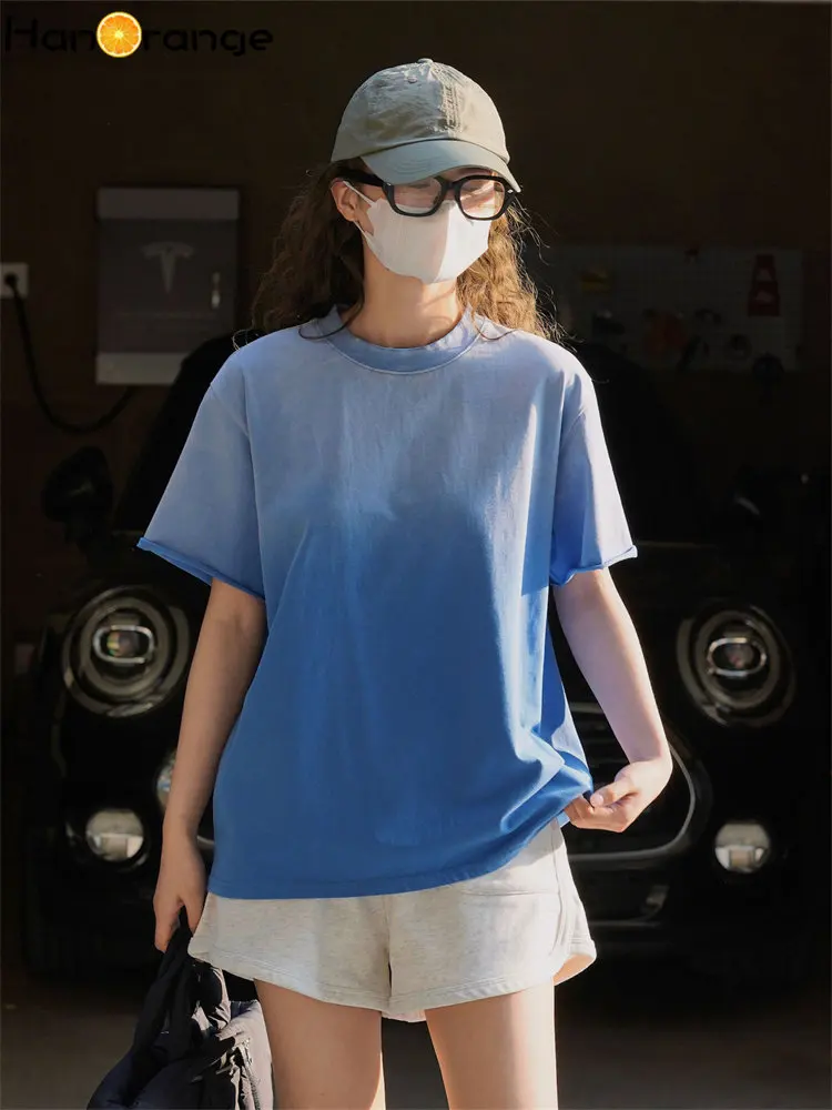 

HanOrange 2023 Summer Retro Wash Gradient Short Sleeve T-shirt Women Loose Comfortable Cotton Top Tees Female Blue/Pink