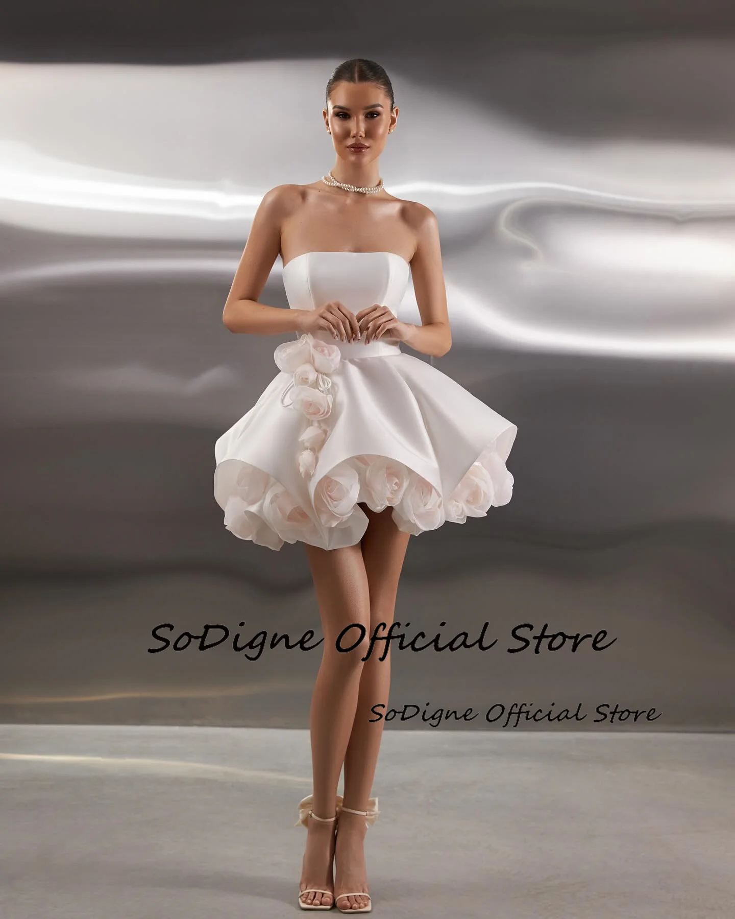 SoDigne A-line Satin Short Wedding Dresses Strapless Sleeveless 3D Flowers Bridal Dress Wedding Gown Robe De Mairee Customized 12 Scb8cca55adc44cf2a16db6ecc3c48087E