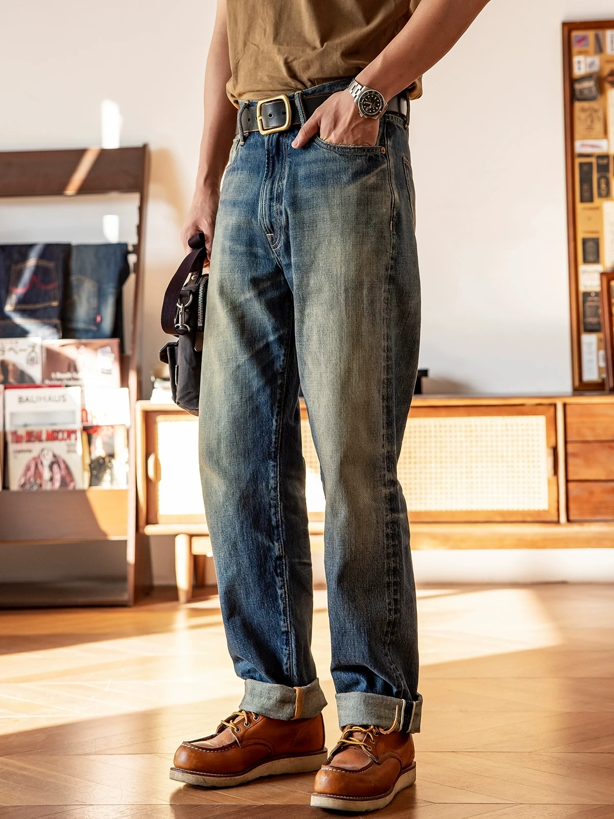 레드 토네이도 워싱 슬림 피팅 데님 바지, 100% 코튼 헤비 두꺼운 진, 14oz, 55501-0004B, 좋은 품질