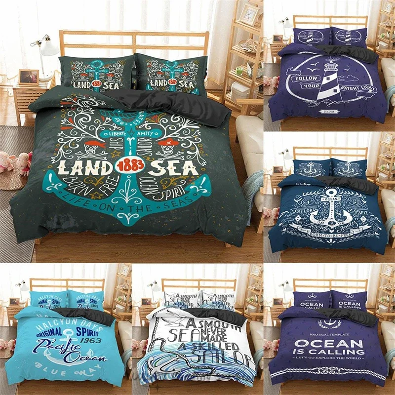 

2/3pc Duvet Cover Luxury Nautical Ocean Anchor Lighthouse Rope Kids and Adults Bedding Set Single Double Queen Room Decor
