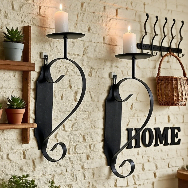 Wrought Iron Wall Mounted Candle Stand Rural Style Home Decor