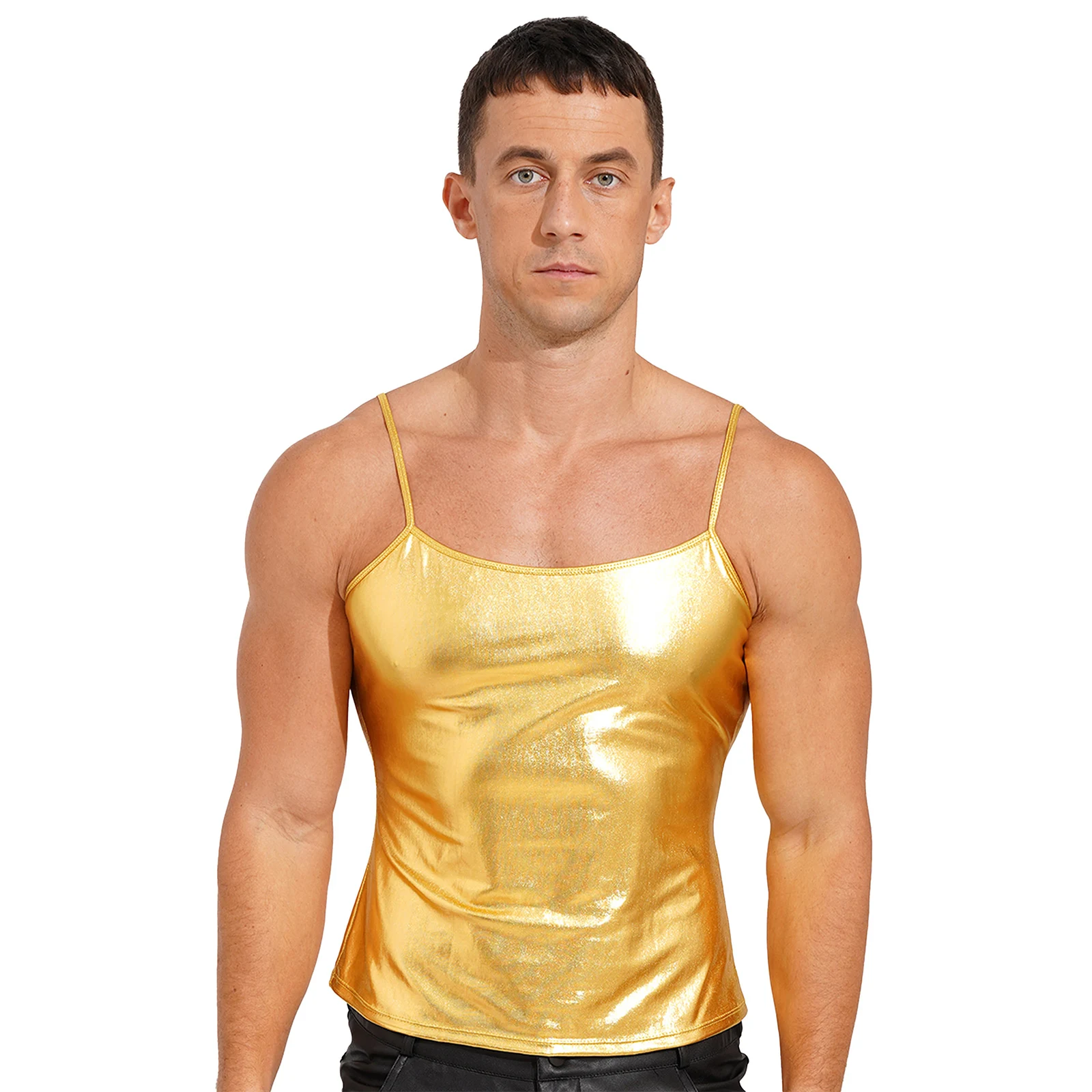 Sexy Mens Shiny Patent Leather Spaghetti Straps Gilet Senza Maniche Top Metallic Dance Hip Hop Stage Performance Costume Canotta