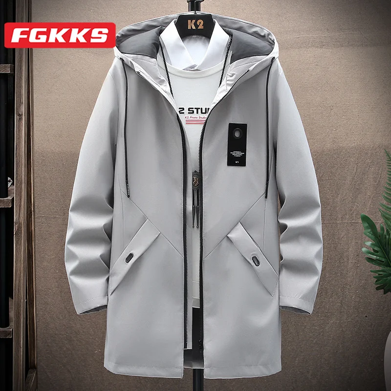 

FGKKS 2023 Outdoor Casual Trench Coat Men Korean Version Medium Length Slim Coat High Quality Street Wear Trench Coat Men