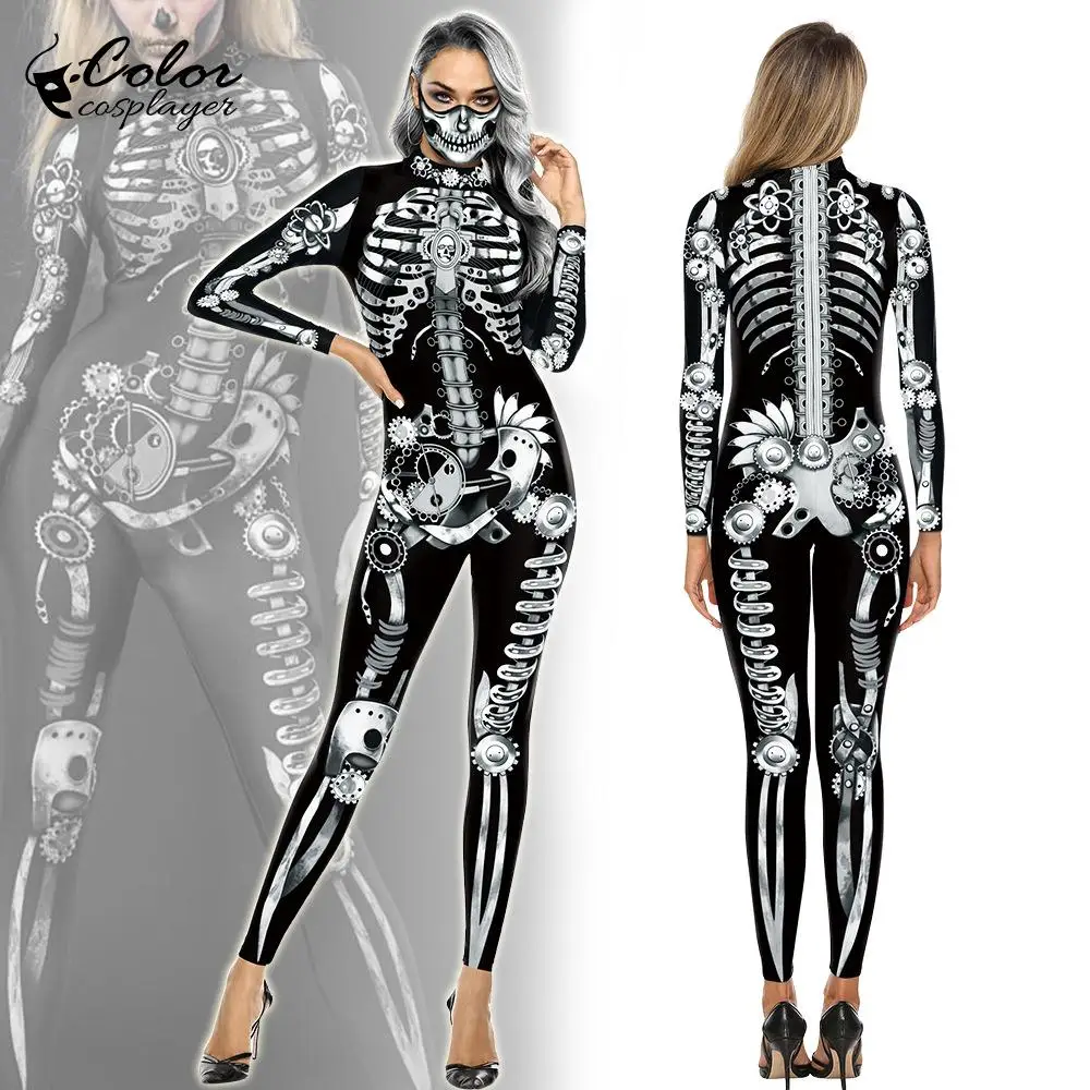 Color Cosplayer Women Skull Halloween Party Costume Scary 3D Printing Cosplay Bodysuit Stretch Sexy Zentai Catsuit Jumpsuits