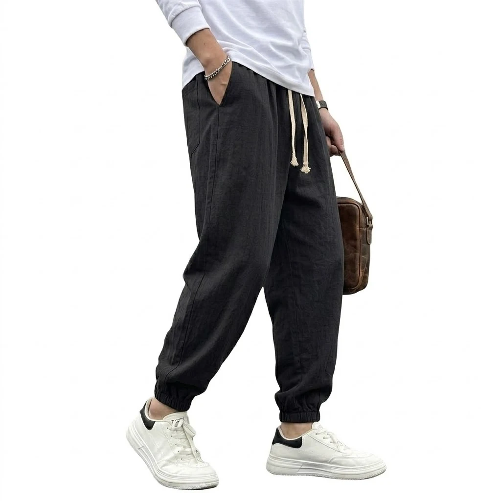 Haremshosen aus Baumwolle und Leinen, Yoga-Hosen für Herren, Einfarbige Jogginghosen, Sport-Freizeithosen für Männer, Lässige Gym-Hosen, Wanderhosen, Weite Arbeitshosen – Detail 4