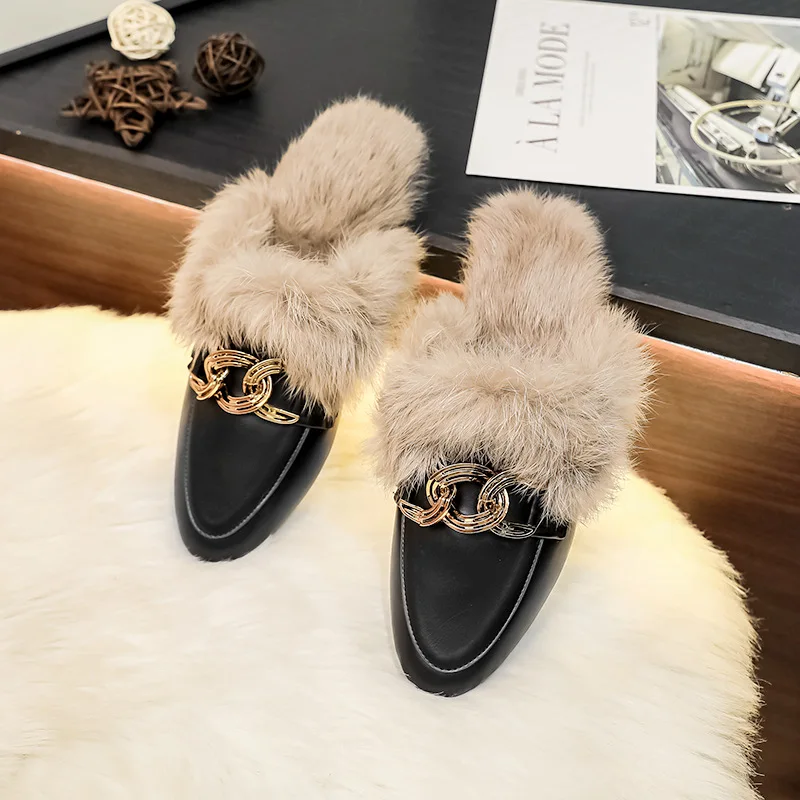 

Cover Toe Shoes Woman 2023 Butterfly-Knot PU Low Plush Slippers For Adults Winter Footwear Fur Hoof Heels Fabric Shearling Slide