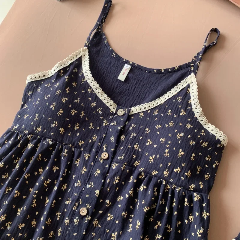 قميص نوم كوري عتيق مطبوع عليه زهور حلوة قميص نوم نسائي صيفي فضفاض مقاس كبير طقم ملابس منزلية برقبة على شكل حرف V بدون أكمام