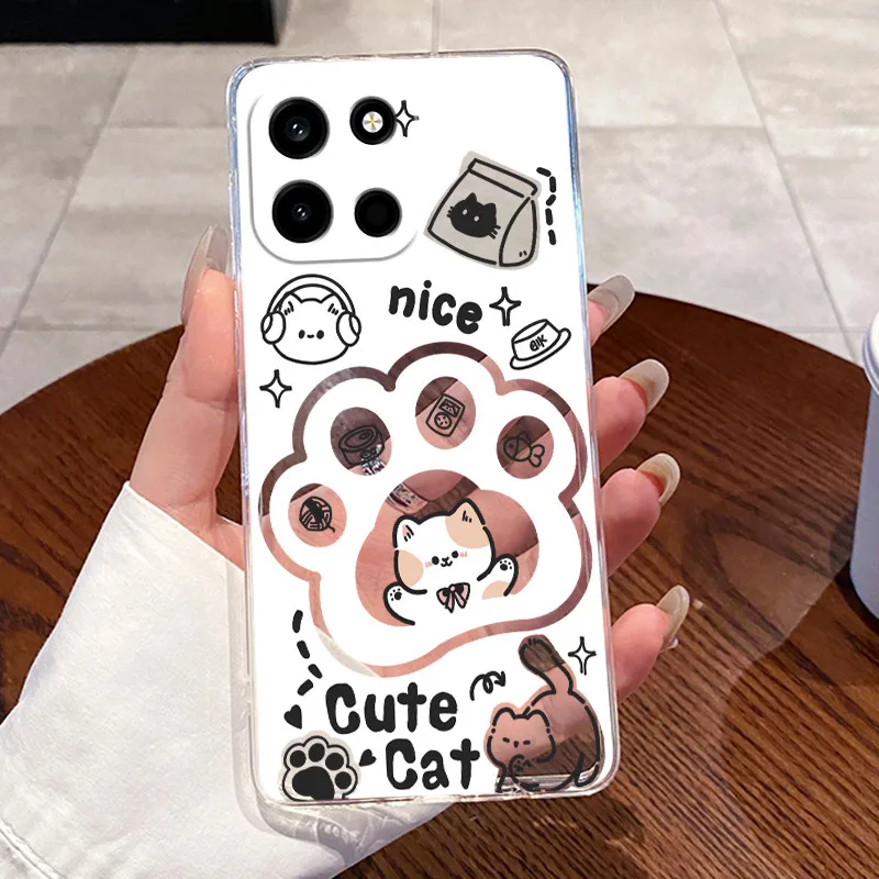 Clear Silicone Soft TPU Back Cover with Cute Cat and Rabbit Design - Protective Jelly Casing