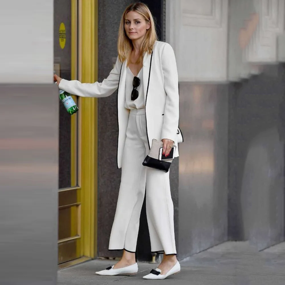 Two Piece White And Black Suit For Women Soft Fabric Jacket Pants For Wedding Party Slim Fit Belt Suit Set