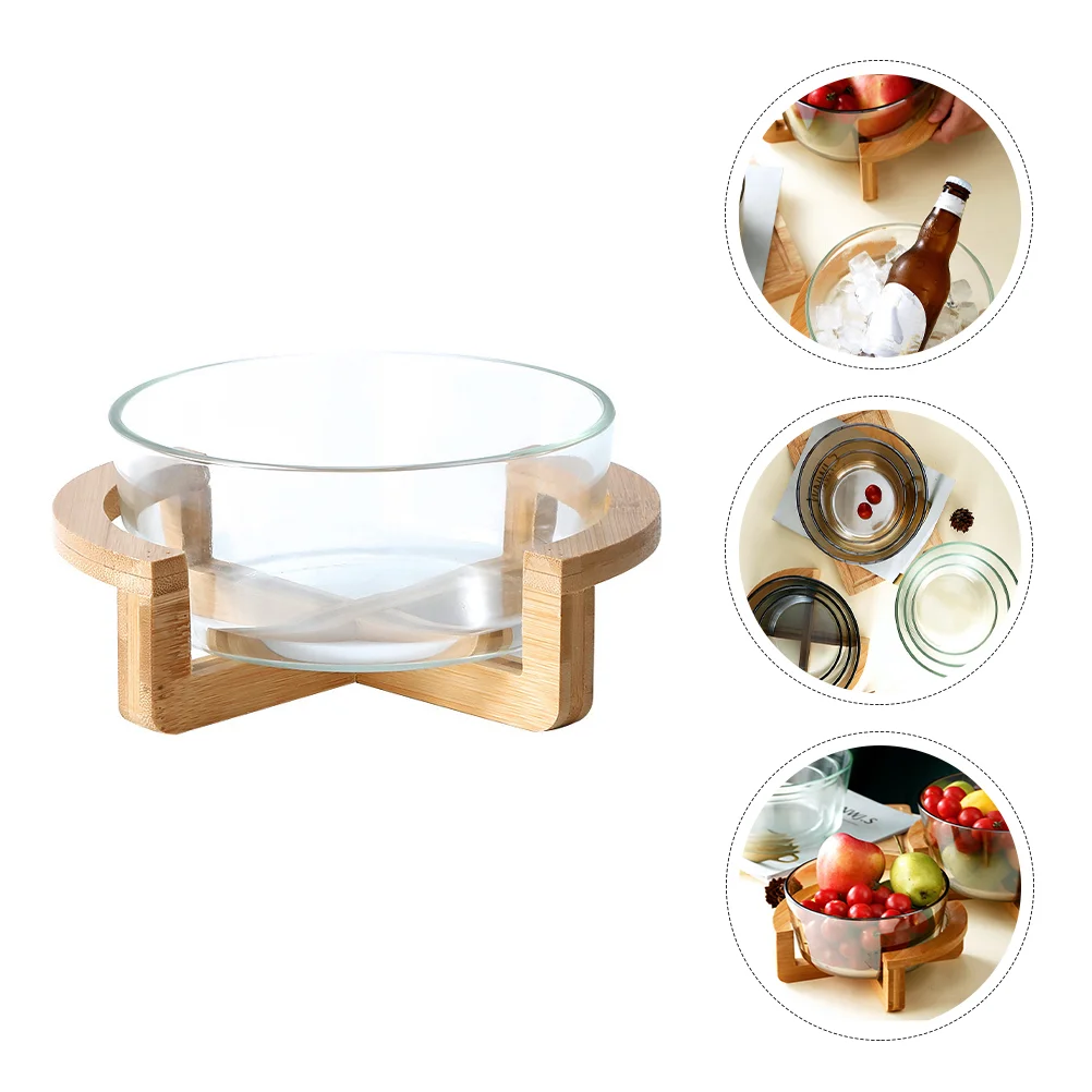 

Glass Salad Bowls Clear Fruit Serving Bowl with Wood Base Dessert Dishes Stackable Tableware for Kitchen Prep Dips Nut Candy