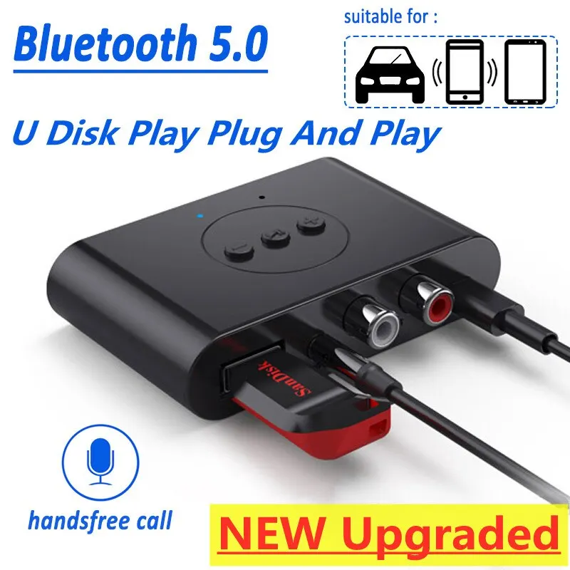 Adaptador sem fio com microfone para carro, Bluetooth 5.0, receptor de áudio, disco U, RCA, 3,5mm, 3,5 jack AUX, música estéreo, alto-falante, amplificador