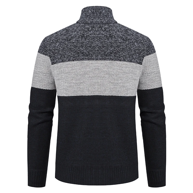 Winter Men Sweater Add Velvet Cardigan Patchwork Color Stand Collar Male Casual Zipper Knitted Thick Warm Sweatercoat