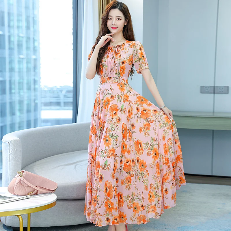 

High end short sleeved chiffon dress, slim waist, aging, large size, foreign style, new summer floral skirt, women's summer