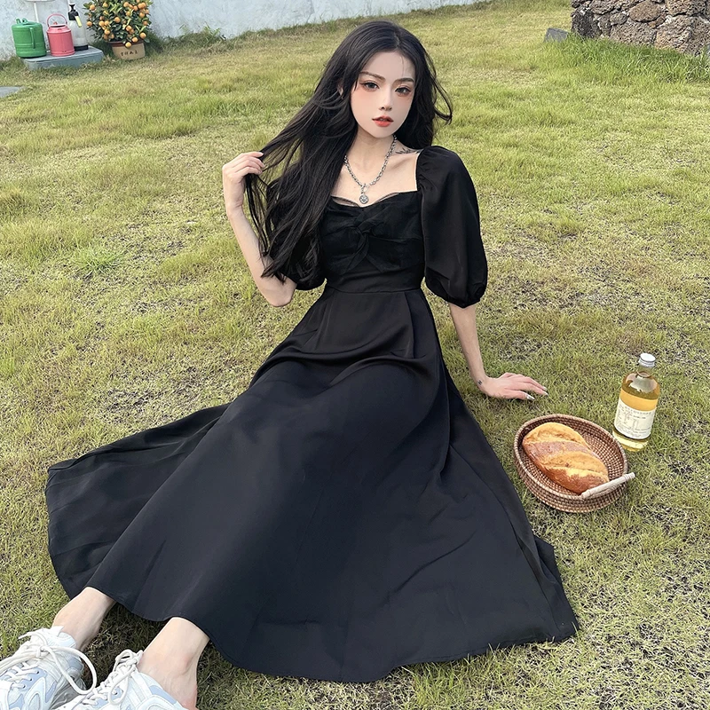 

Women's Square Neck Dress 2022 New Summer Thin French Black High Waist Dresses Female Fashion Slim Bow-Knot Zipper Midi Dresses