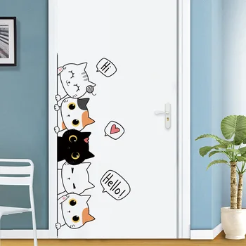 Autocollants chat mignon Sartoon pour décorer les portes de garde-robe de chambre à coucher, avec autocollants auto-adhésifs imperméables, 1 pièce 1