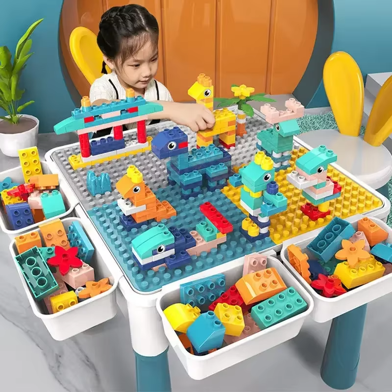 Creativity DIY 6-in-1 Multi-Purpose Double-Sided Kids Activity Table And Chair Set with Storage Toddler Building Blocks Toy Gift