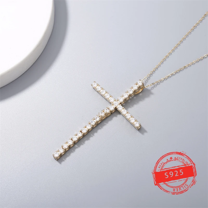 

925S sterling silver with large cross and full diamond pendant, collarbone chain, exquisite high-quality necklace for women