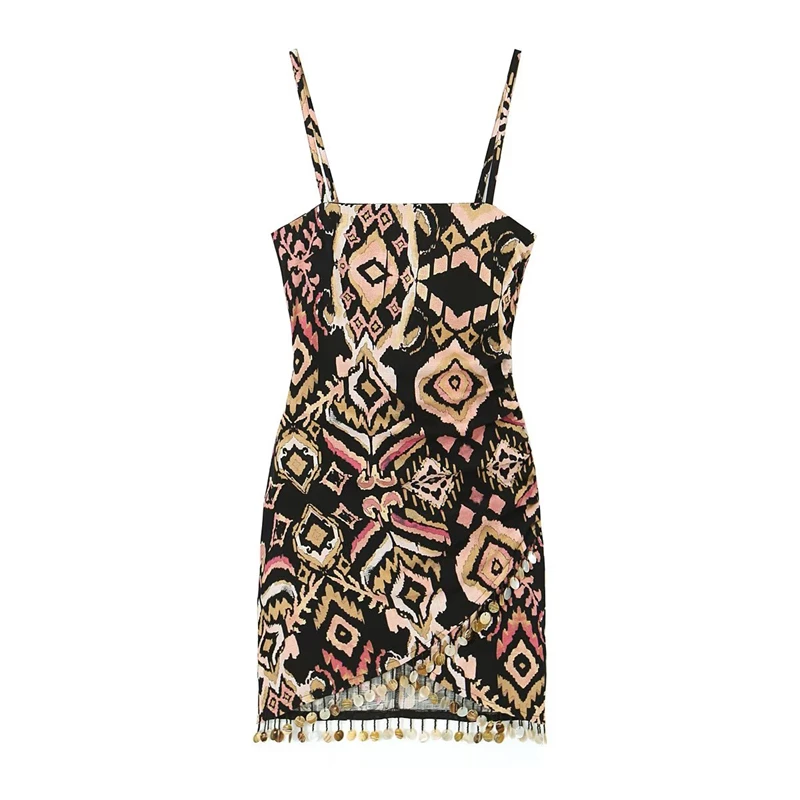 

2023 Summer New Sexy Spice Girls Printed Sling Dress Straight Neck Tassel Waist Slim Backless Mini Skirt