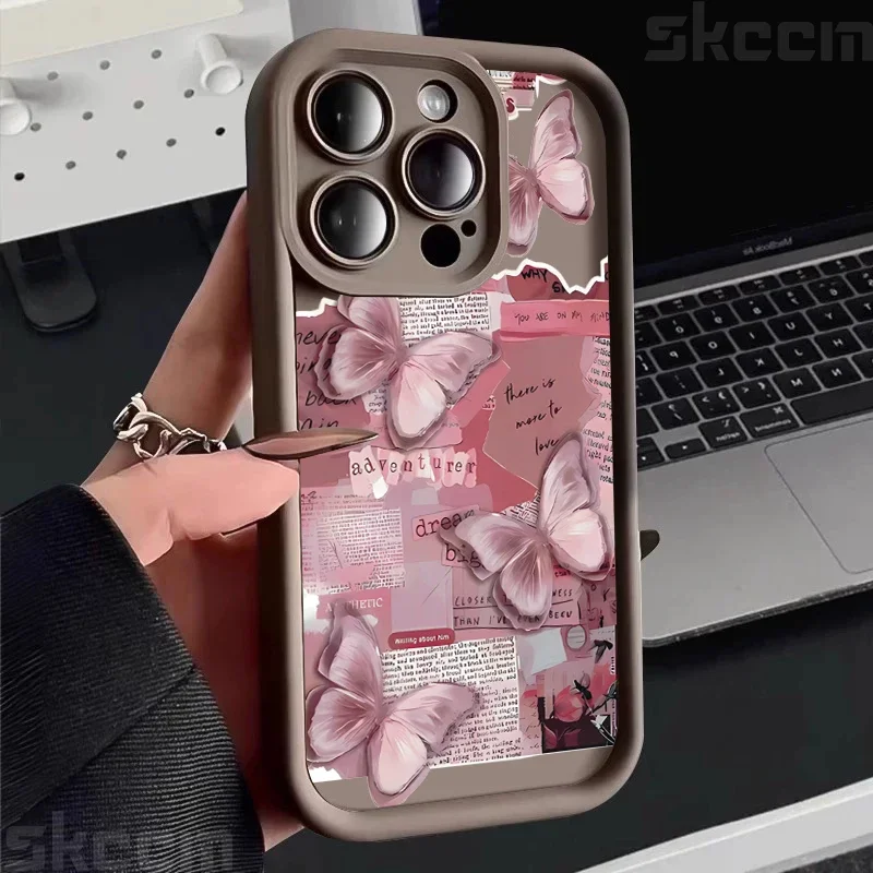 Pink Cute Butterfly Silicone Soft Phone Case For iPhone 16 16E 15 14 13 12 11 Pro Max XS XR X 7 8 Plus Shockproof Candy Cover