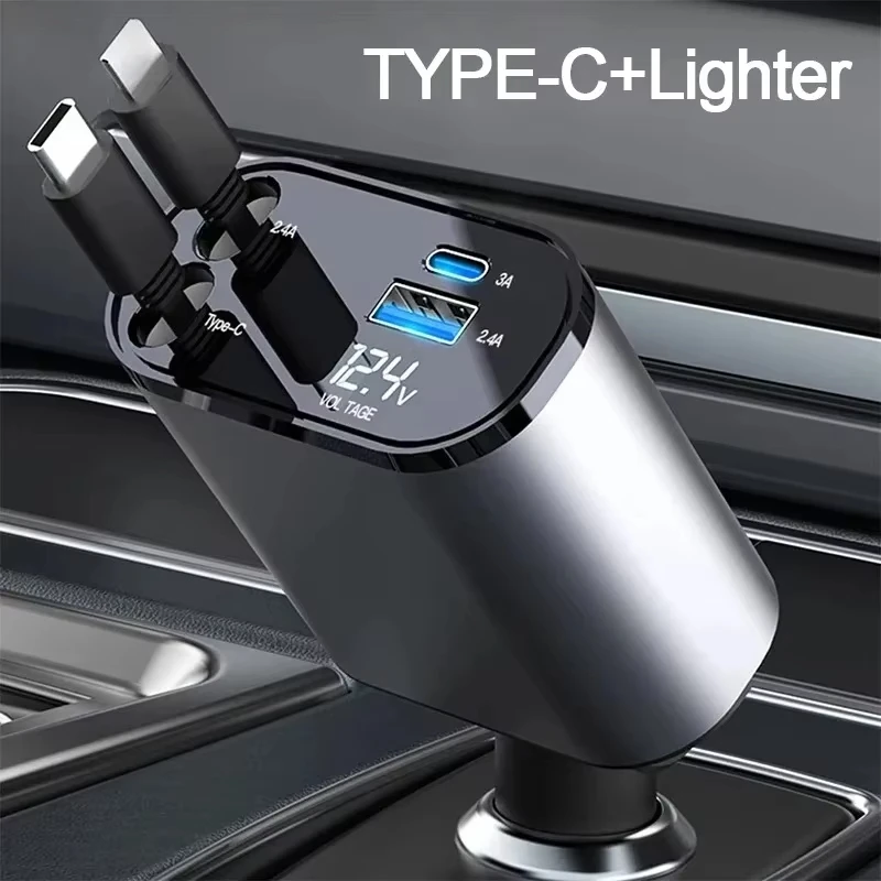 4in1 Car Charger Retractable USB Type C Cable Car Cigarette Lighter Adapter For IPhone 15 16 Pro Max Xiaomi Huawei Samsung