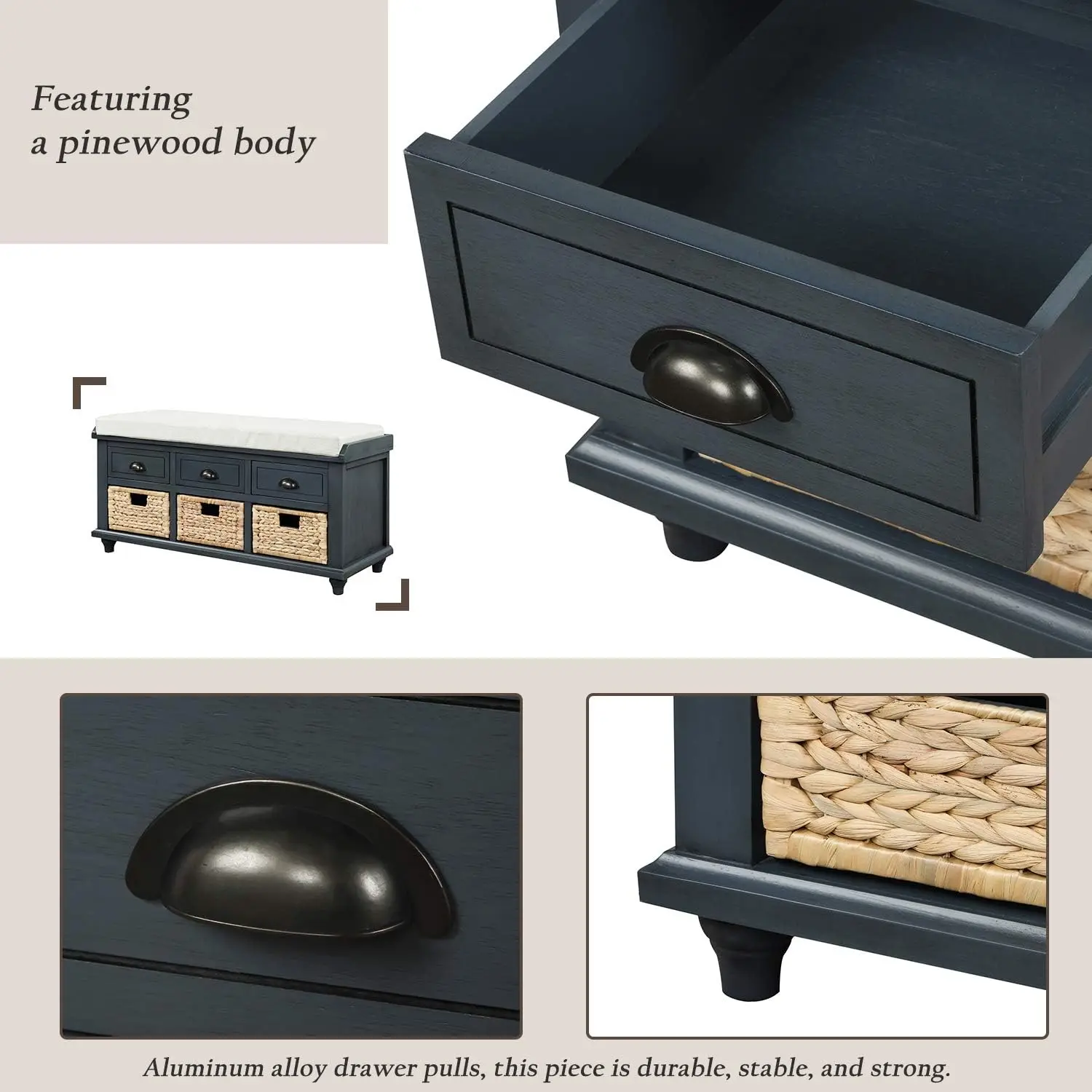 Entryway 6-Drawer Storage Bench with Removable Cushion, Entry Hallway Foyer Shoe Bench End of Bed Bench 4