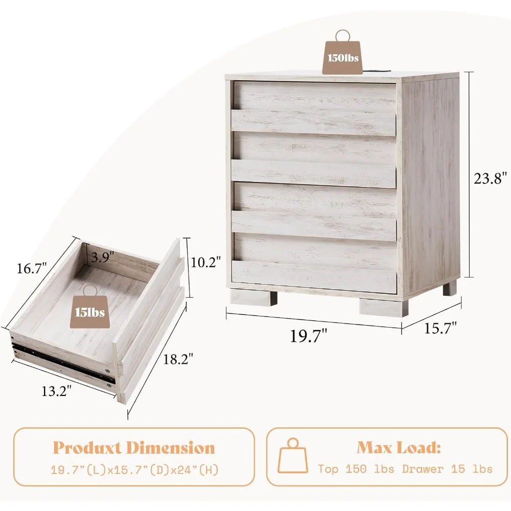 Nightstand Set of 2 with Charging Station, Wood Bedside Table with 2 Drawers, Farmhouse End Table with Slated Handles 3