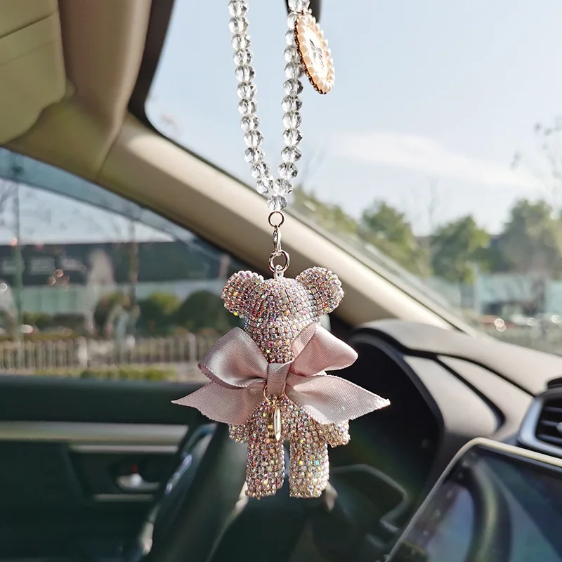 Cartoon Diamond Crystal Gloomy Bear Bow Car Pendant Mirror Hanging  Ornaments Bling Car Interior Decoration Women Accessories