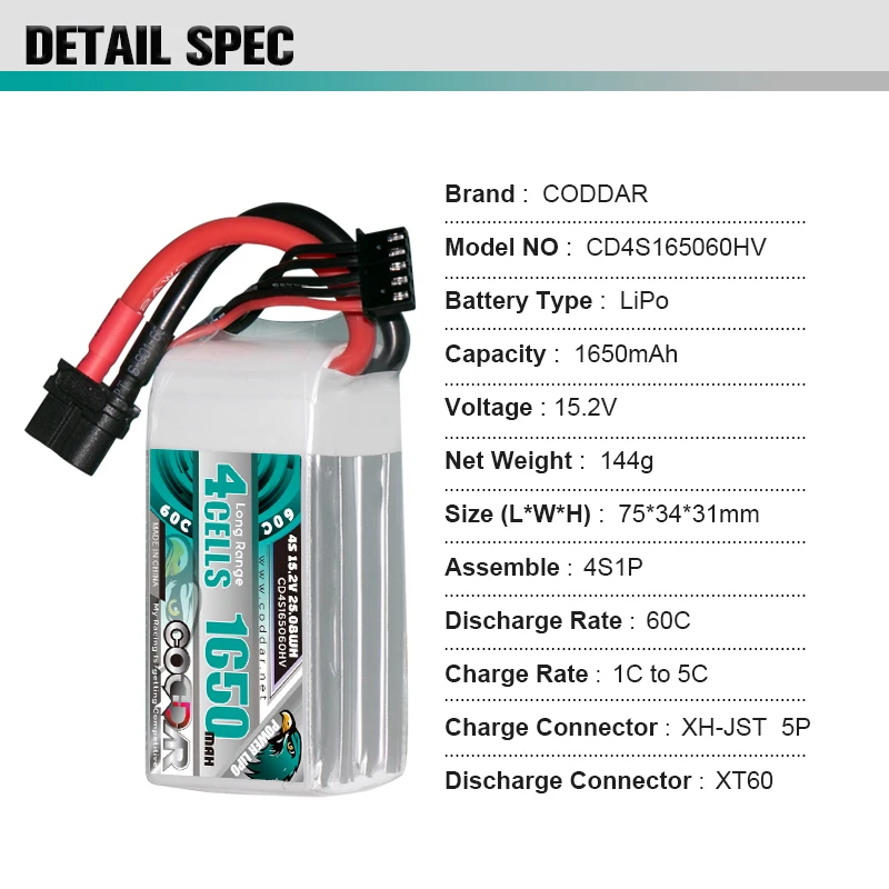 CODDAR 4S HV 15.2V 1650mAh 60C Lipo XT60