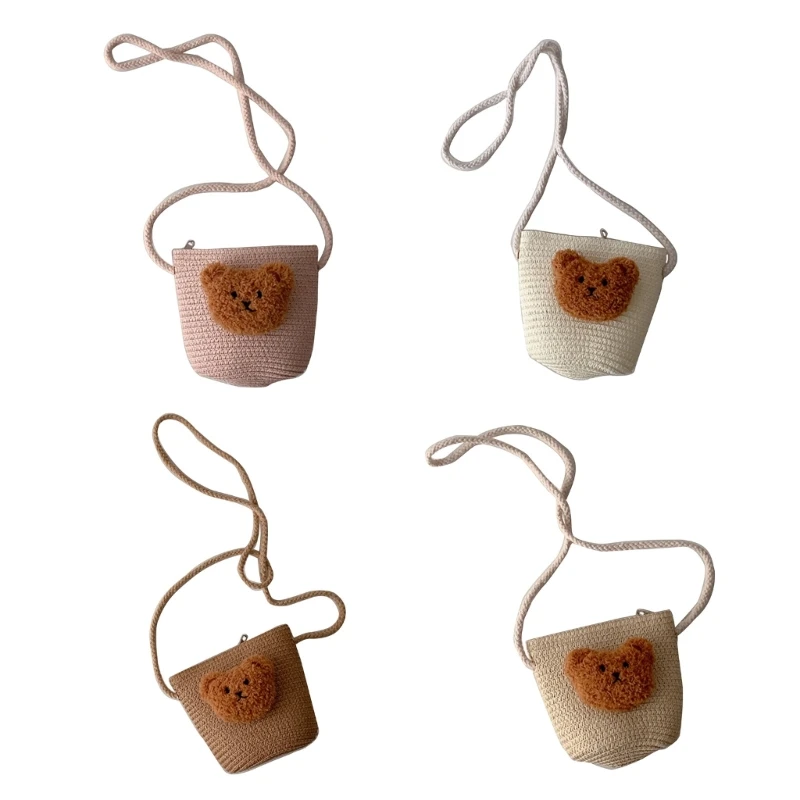 

Cute Kid Coin Purse Handbags Girls Bear Crossbody Bag Straw Mini Shoulder Bag