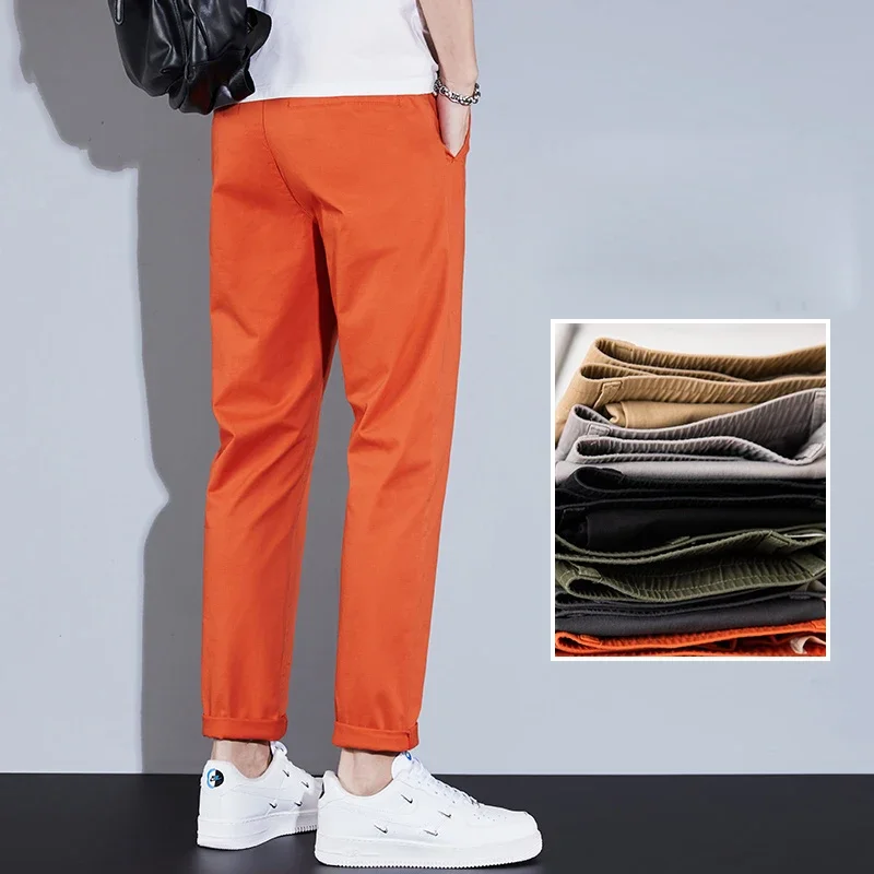 Casual Men Loose Straight Business Pants Elastic Waist Trousers Soft Cotton Lyocell Fabric Korean Cargo Pants